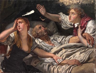 un tableau représentant une femme allongée dans un lit avec un homme et une femme