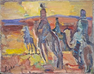 an oil painting of a group of people riding horses in the desert