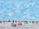 an oil painting of people on the beach playing in the sand