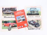 four cards of old cars are displayed on a white surface