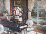 a painting of a living room with a piano and chairs
