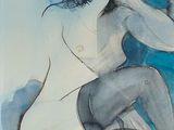 tableau représentant une femme assise sur une surface bleue, la main posée sur le menton