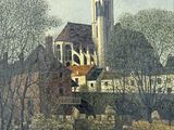 a painting of a church with a clock tower in the background