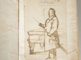 an old book with a drawing of a man holding a rifle