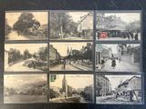 several old black and white photos of a street with buildings