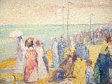a painting of a group of people standing on a beach