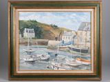 painting of boats in a harbor with a house in the background