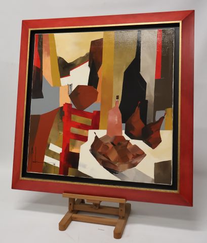 Christof MONNIN (1968) « La chaise rouge ». Huile sur toile. Sign...