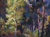 peinture représentant une scène forestière avec des arbres au premier plan
