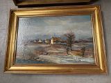two framed paintings of a landscape with a house in the background