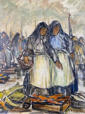painting of two women standing in front of a crowd of people