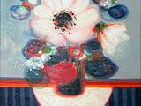 un tableau représentant une fleur dans un vase posé sur une table