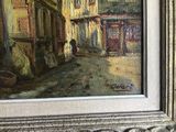 a painting of a woman walking down a street