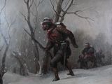 tableau représentant un homme portant un fusil dans une forêt enneigée