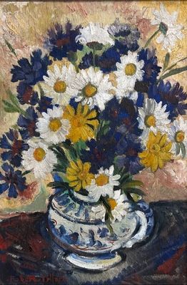 une peinture de fleurs dans un vase sur une table