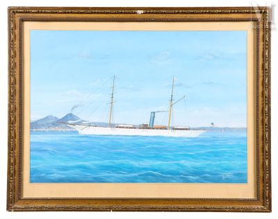 une peinture à l'huile représentant un bateau en mer, avec des montagnes en arrière-plan