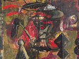 an abstract painting of a man on a motorcycle in a red room