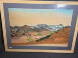 une peinture à l'huile représentant un paysage désertique avec des montagnes en arrière-plan
