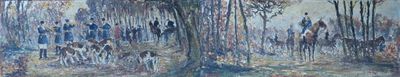 un tableau représentant un groupe de personnes debout dans une forêt