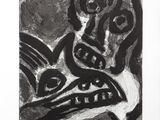 a black and white drawing of a man with a bird on his shoulder