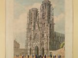 an old drawing of a cathedral with people walking around it