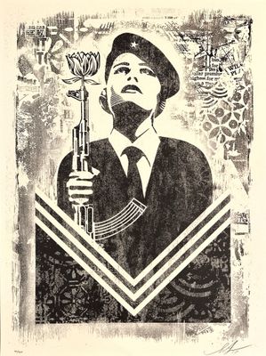 painting of a man in a suit holding a gun with a flower in his hand