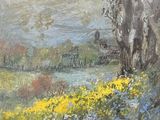 une peinture à l'huile représentant un champ de fleurs et d'arbres, avec une rivière en arrière-plan