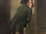 a painting of a man in a green coat and hat looking into a door