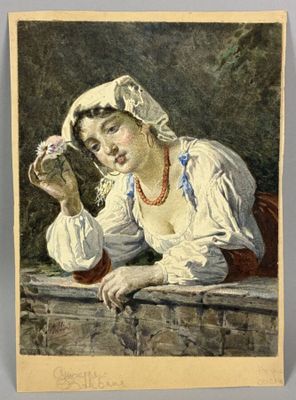 un tableau représentant une femme appuyée contre un rebord, une fleur à la main