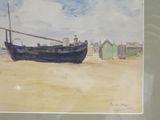 a painting of a boat on the beach by the water