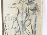 painting of three nudes and a dog in a gold frame