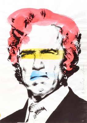 painting of a man in a suit and tie with a rainbow painted on his face