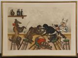 a picture of a painting of a group of dogs in a bar