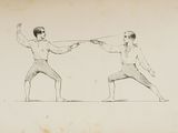 drawing of two men in fencing stance, one holding a sword and the other holding a sword