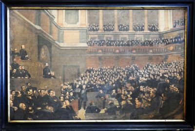 painting of a large group of people sitting in a large room