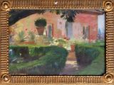 an oil painting of a garden scene with a house in the background