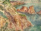 an image of a watercolor painting of a rocky coast