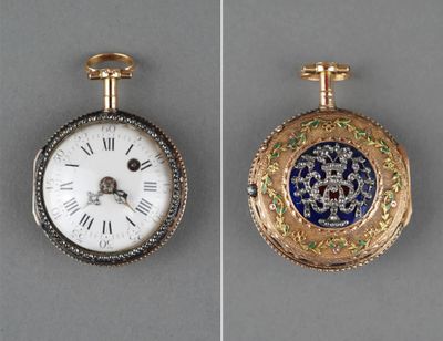 two different pictures of a pocket watch with a clock face