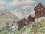 a painting of a house on a hill with mountains in the background
