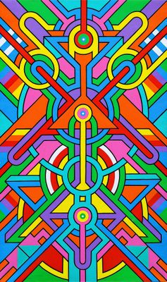 a painting of a cross on a multicolored background