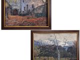 deux tableaux encadrés représentant une maison et un arbre dans un champ