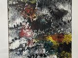abstract painting of black, white, red, yellow, and green colors