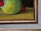 a painting of cherries and an apple on a table