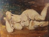 une peinture à l'huile représentant une femme nue allongée sur le ventre
