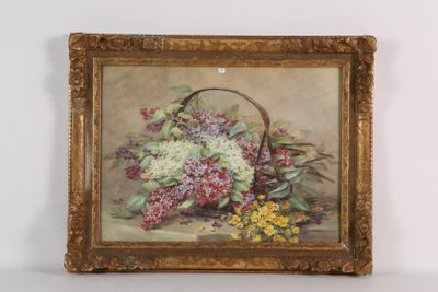 une peinture représentant un panier de fleurs sur une table