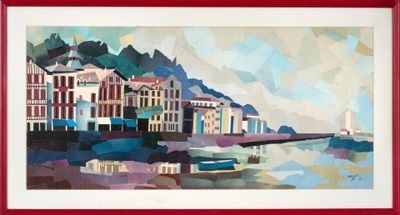 une image d'une peinture d'une ville au bord de l'eau