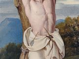 a painting of a man hanging from a tree