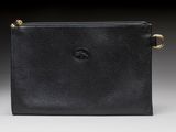 a black leather purse with a gold clasp