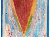 une peinture abstraite représentant un objet rouge et jaune dans un cadre bleu