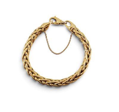 un bracelet en galon doré avec une chaîne, sur fond blanc